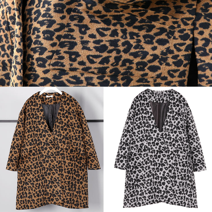 women brown Leopard coat casual v neck pockets Winter coat Elegant side open coats