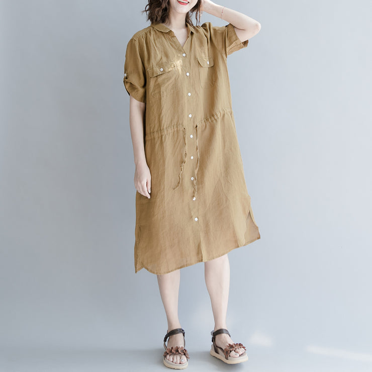 women brown linen dress oversize linen dress boutique short sleeve pockets Turn-down Collar linen dress