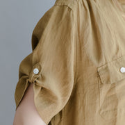 women brown linen dress oversize linen dress boutique short sleeve pockets Turn-down Collar linen dress