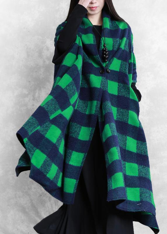 women casual Jackets & Coats green plaid Batwing Sleeve patchwork wool overcoat - SooLinen