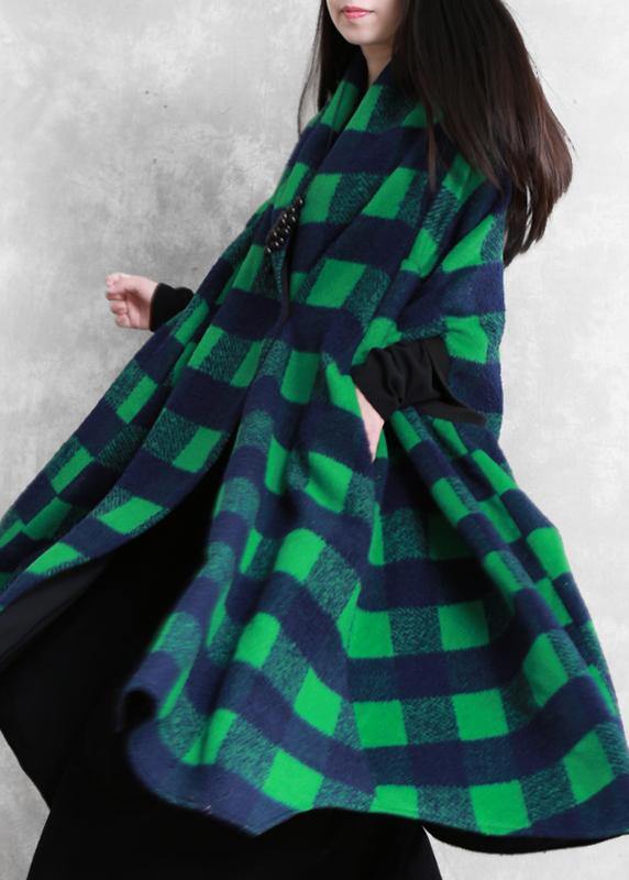 women casual Jackets & Coats green plaid Batwing Sleeve patchwork wool overcoat - SooLinen