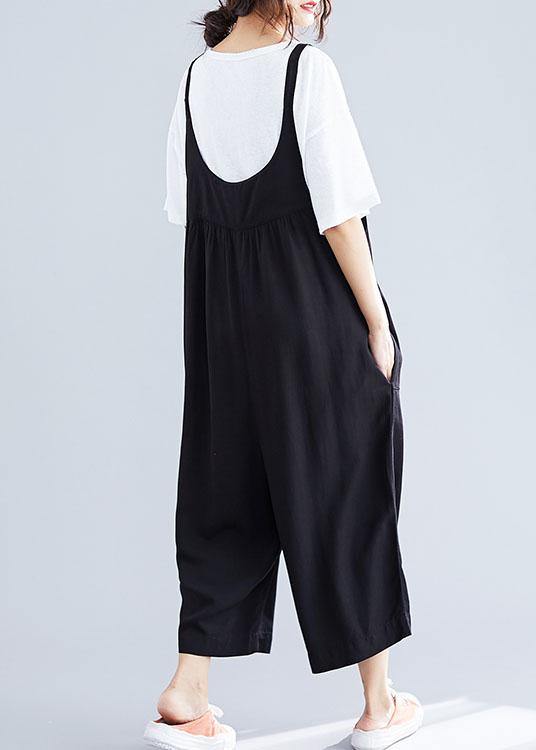 women casual cotton black jumpsuit plus size loose straps wide leg pants - SooLinen