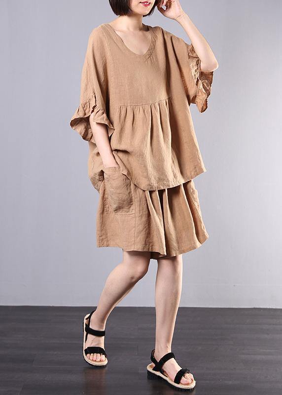 women casual cotton linen khaki two pieces ruffles sleeve blouse with fashion shorts - SooLinen