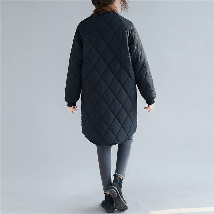 women casual down coats black stand collar zippered overcoat - SooLinen