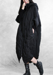 women casual down jacket overcoat black hooded zippered goose Down coat - SooLinen