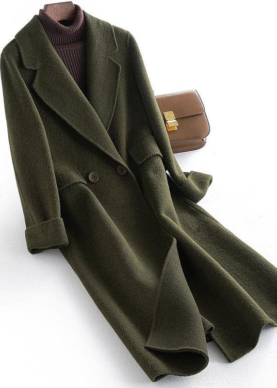 women casual long coats pockets coats brown Notched wool coat - SooLinen