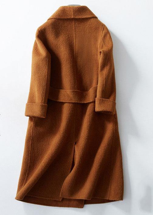 women casual long coats pockets coats brown Notched wool coat - SooLinen
