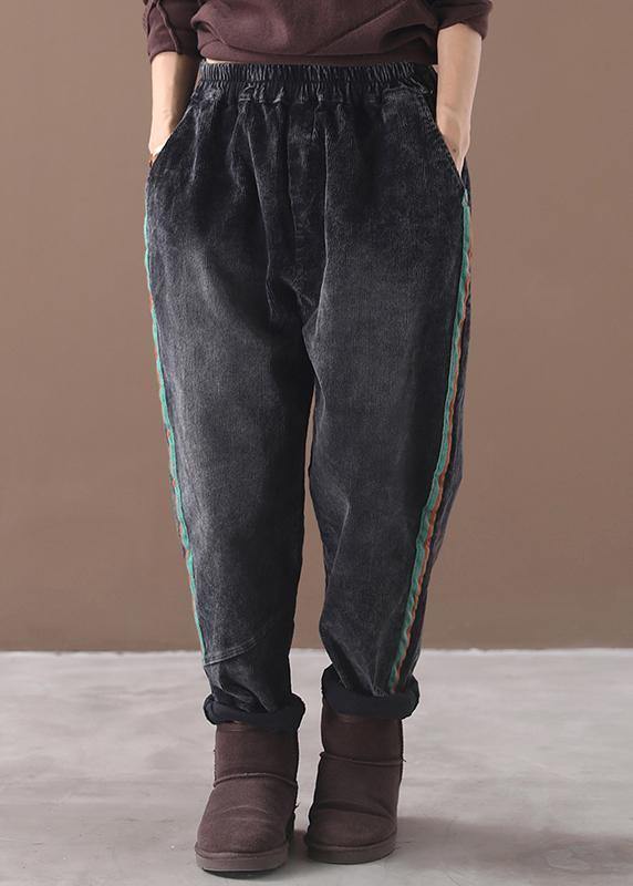 women casual loose black pants patchwork elastic waist wild trousers - SooLinen