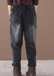women casual loose black pants patchwork elastic waist wild trousers - SooLinen