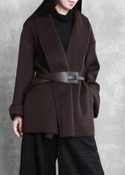 women casual mid-length coats winter woolen outwear brown tie waist trumpet sleeves overcoat - SooLinen