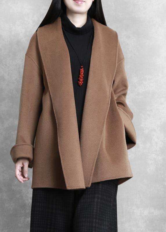 women casual mid-length coats winter woolen outwear brown tie waist trumpet sleeves overcoat - SooLinen