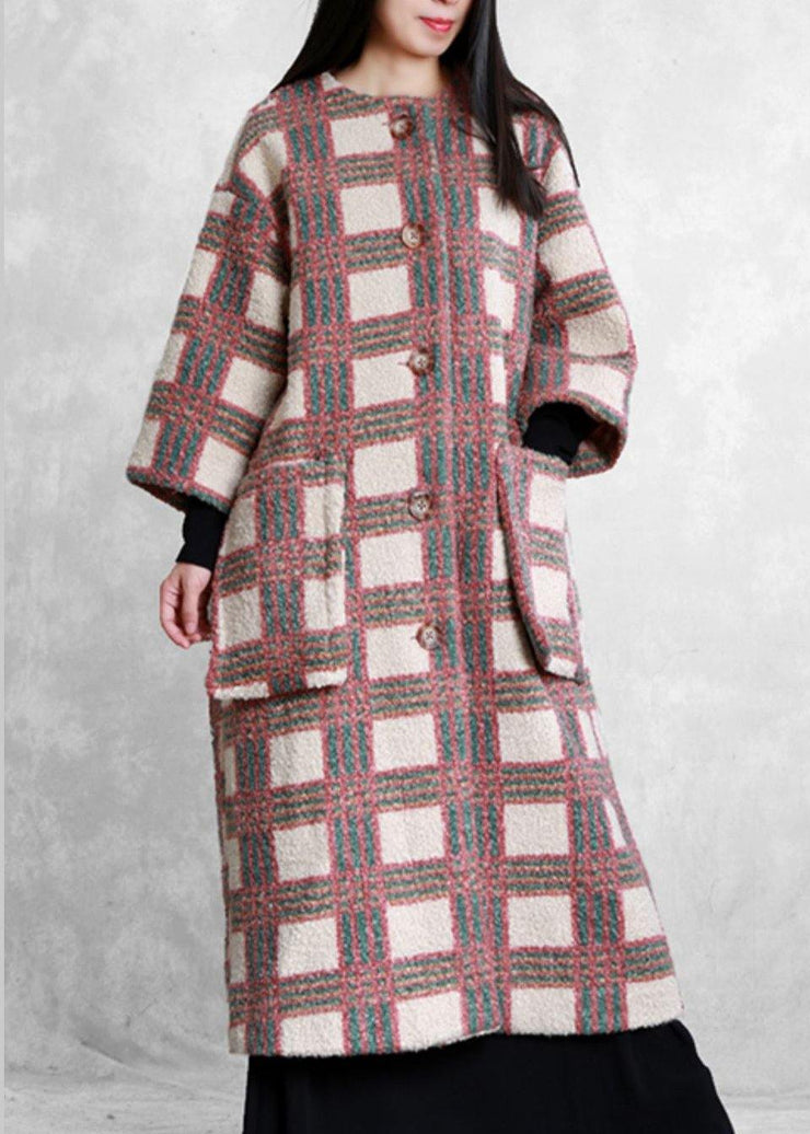 women casual trench coat coat nude plaid pockets Button wool coat for woman - SooLinen