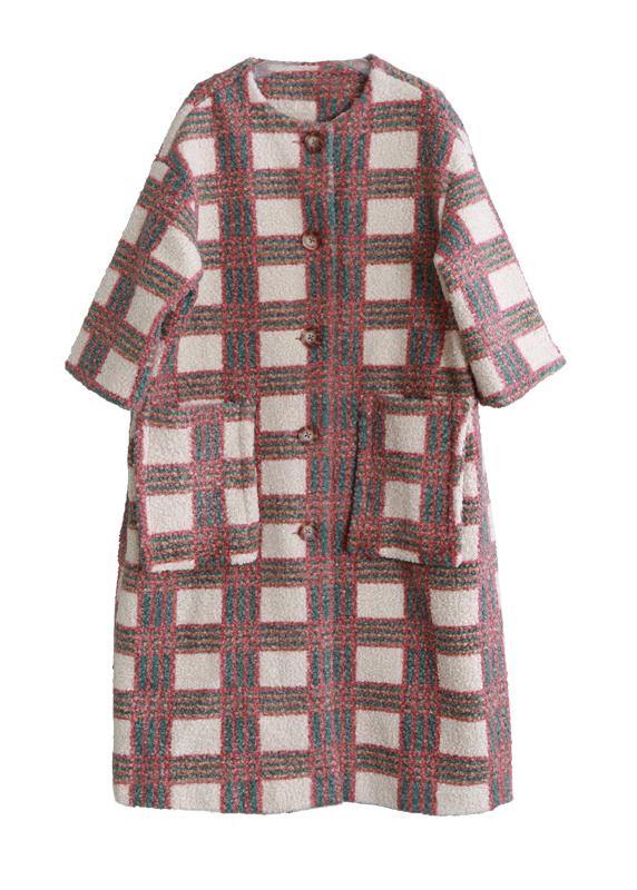 women casual trench coat coat nude plaid pockets Button wool coat for woman - SooLinen