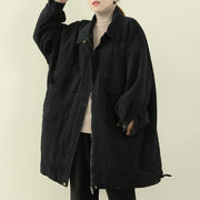 women casual warm winter coat black lapel zippered coat - SooLinen