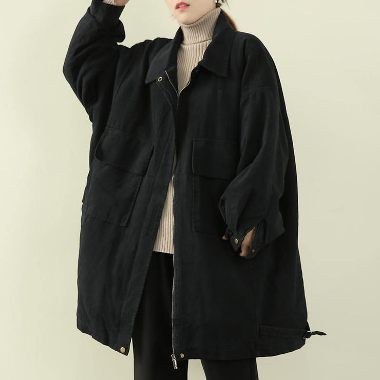 women casual warm winter coat black lapel zippered coat - SooLinen