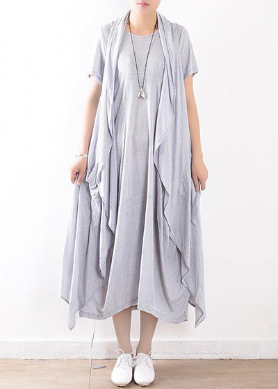 women cotton blended light blue striped long dress with sleeveless coats - SooLinen