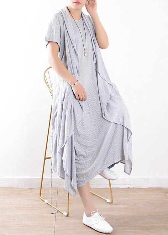 women cotton blended light blue striped long dress with sleeveless coats - SooLinen