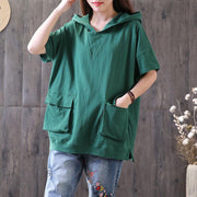 women cotton blouse oversized Casual Hooded Short Sleeve Pullover Cotton Green Tops