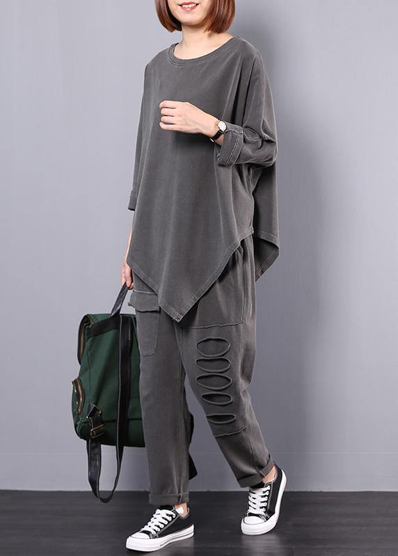 women cotton gray asymmetric tops and big pockets sport pants two pieces - SooLinen
