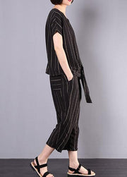 women cotton linen black striped two pieces short sleeve blouse and drawstring elastic waist pants - SooLinen