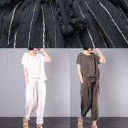 women cotton linen black striped two pieces short sleeve blouse and drawstring elastic waist pants - SooLinen