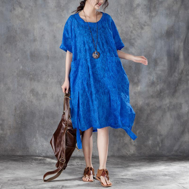 Frauen-Baumwoll-Etuikleid übergroßes, lockeres, kurzärmliges, unregelmäßiges blaues Kleid mit Rundhalsausschnitt