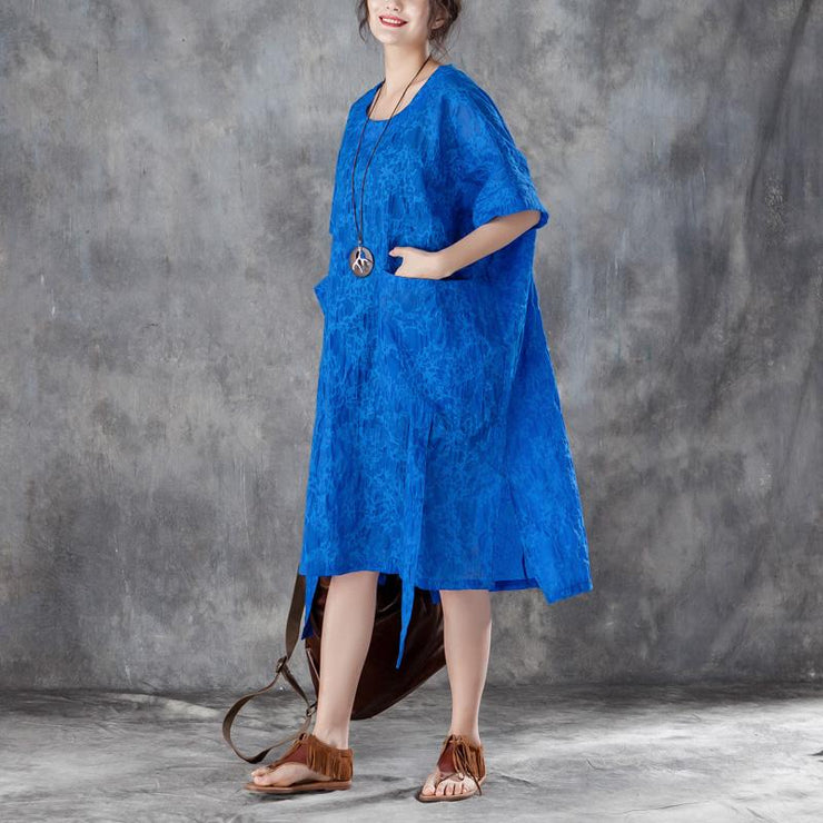 Frauen-Baumwoll-Etuikleid übergroßes, lockeres, kurzärmliges, unregelmäßiges blaues Kleid mit Rundhalsausschnitt