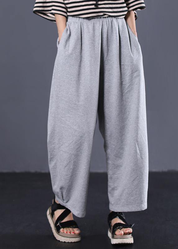 women cotton solid color casual pants elastic waist gray wide leg pants - SooLinen