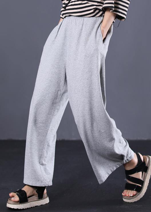 women cotton solid color casual pants elastic waist gray wide leg pants - SooLinen