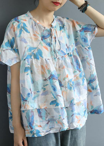 women cotton tunic top boutique Printed Casual Summer Lacing Breathable T-Shirt - SooLinen