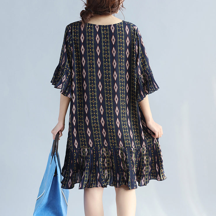 Damen dunkelblaue Drucke Chiffonkleider trendiges Chiffon-Maxikleid in Übergröße Elegantes Chiffonkleid mit Rüschensaum und Rüschenärmeln