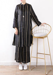 women fashion linen black two pieces long sleeve silk shirt with wide leg pants - SooLinen