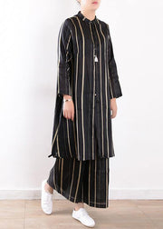 women fashion linen black two pieces long sleeve silk shirt with wide leg pants - SooLinen