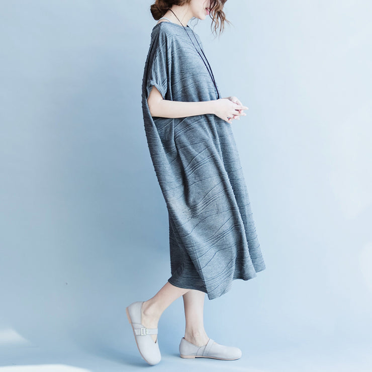 Damen graue Baumwollkleider übergroße O-Ausschnitt-Baumwollkleider Boutique-Kurzarm-Kaftane