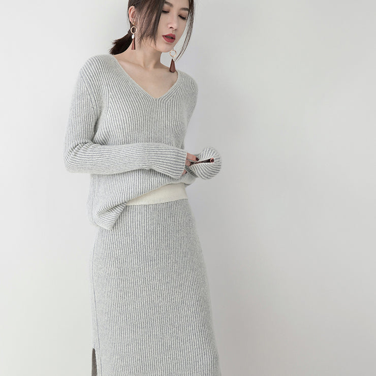 women gray knit sweaters plus size clothing v neck knitted blouses vintage side open skirt two pieces