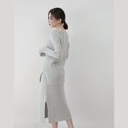 women gray knit sweaters plus size clothing v neck knitted blouses vintage side open skirt two pieces