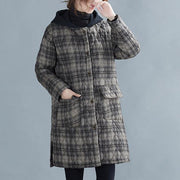 women gray plaid winter parkas oversized snow hooded pockets overcoat - SooLinen