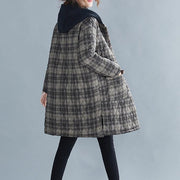 women gray plaid winter parkas oversized snow hooded pockets overcoat - SooLinen