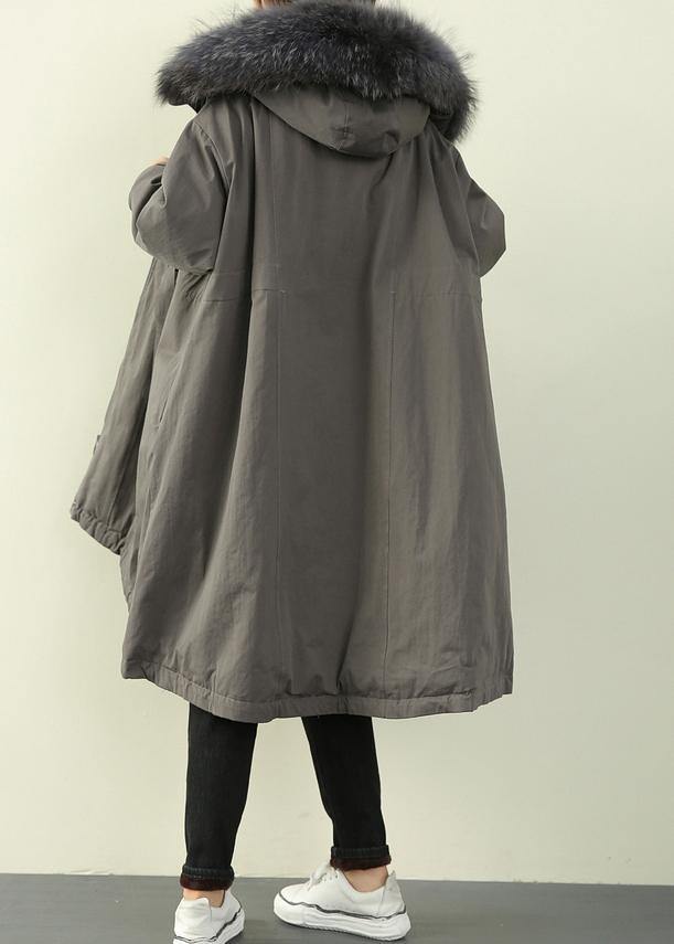 women gray winter outwear casual hooded faux fur collar outwear - SooLinen
