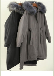 women gray winter outwear casual hooded faux fur collar outwear - SooLinen