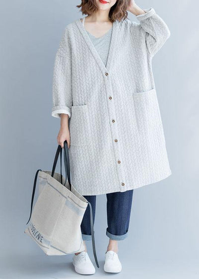 women gray winter parkas plus size clothing v neck Luxury pockets overcoat - SooLinen