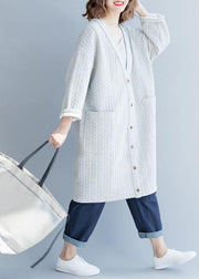 women gray winter parkas plus size clothing v neck Luxury pockets overcoat - SooLinen