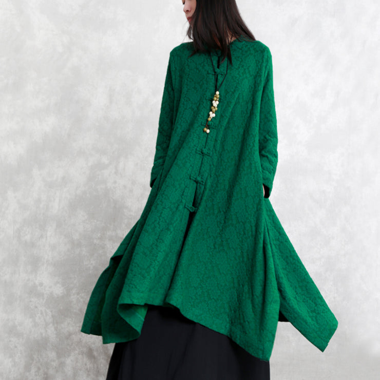women green Wool blended Coat Loose fitting Stand asymmetric outwear boutique long sleeve pockets large hem trench coat