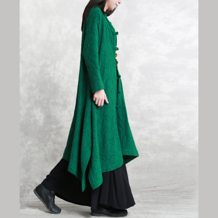women green Wool blended Coat Loose fitting Stand asymmetric outwear boutique long sleeve pockets large hem trench coat