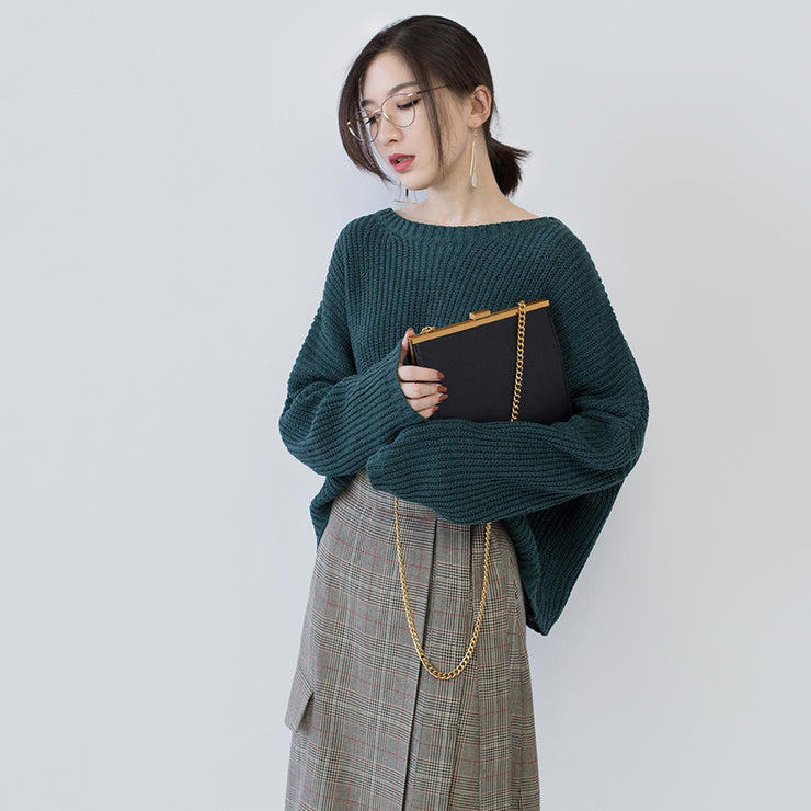 women green knit tops oversized O neck baggy knitted tops women batwing Sleeve winter sweaters
