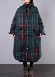 women green plaid wool overcoat plus size clothing Winter coat lapel pockets coats - SooLinen