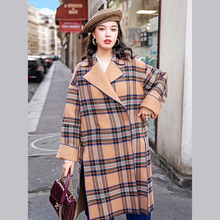 Frauen khaki karierte Mäntel plus Größe eingekerbter Wintermantel feine seitliche offene Taschen Wolljacken