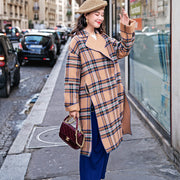 women khaki Plaid Coats plus size Notched Winter coat fine side open pockets wool jackets