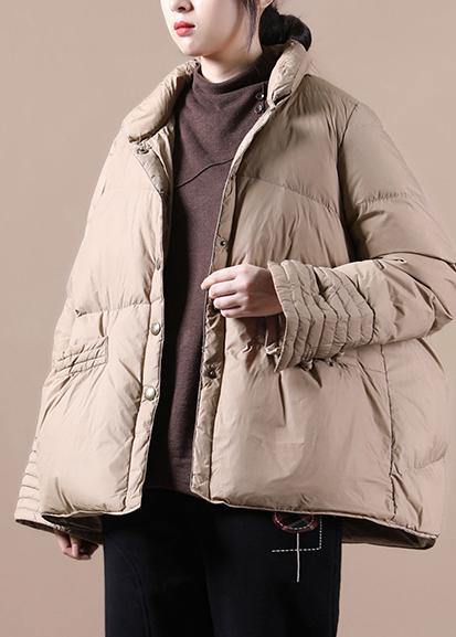 women khaki down coat winter stand collar Chinese Button Luxury overcoat - SooLinen
