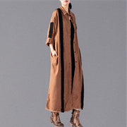 women khaki long coat Loose fitting patchwork pockets outwear New Turn-down Collar long coats